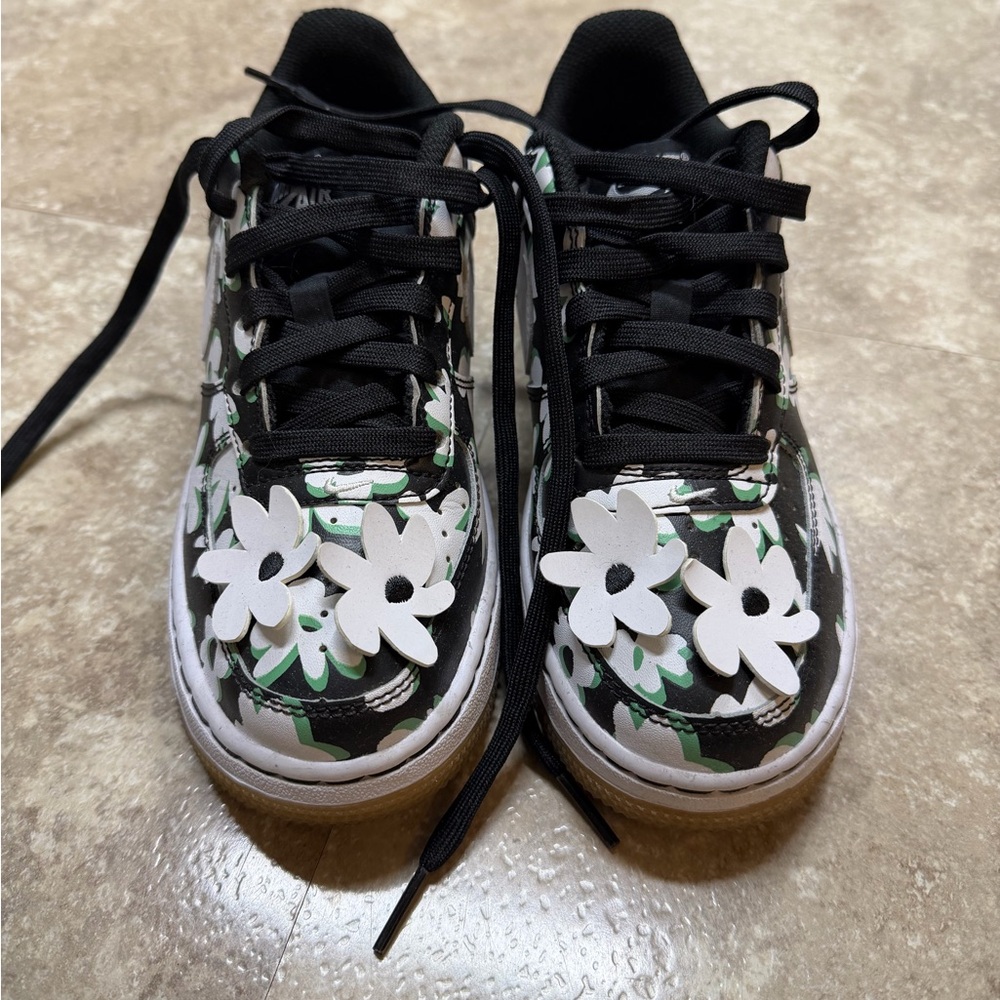 Nike Kids Sneakers - Black, White, and Green Floral